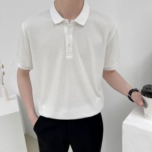 ManStyle-a Korean Striped Texture Short Sleeve Polo Shirt For Men Casual Slim Fit Short Sleeve Top for Daily Wear