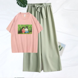Setelan Remeja Baju Santai Daily Atasan Kaos Big Size LD 106 Cm Dan Celana Kulot Motif Anime Populer Spirited Away
