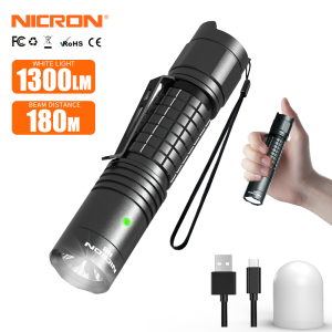 NICRON Flashlight N8 Tactical Flashlight 1300 Lumens Brightness 180 Meters Beam Distance Rechargeable IP68 Waterproof Flashlight with Diffuser for Tactical Games Camping Hiking Emergency