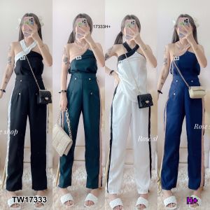 TW17333 set 2 ชิ้น เสื้อคล้องคอปกโลโก้ + กางเกงขายาวแถบข้าง