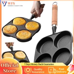 【Flagship】4-Hole Frying Pan Wooden Handle Non Stick Egg Frying Pan Hamburg Bread Breakfast Maker for Gas Stove Induction Cooker