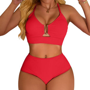 Charmo Push up Ribbed High Rise Bikini Sets Women Large Bust Longline Modest Bikini Swimsuits 2 Piece