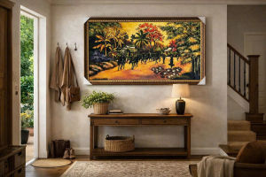 ( Tặng kèm khung) Tranh sơn mài - ĐỒNG QUÊ Việt Nam - Nền dát vàng hàng xuất khẩu size 60x120 cm