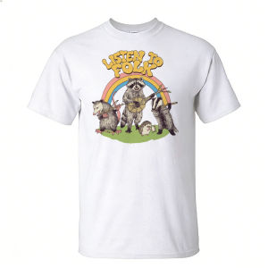 [Local Stock] HBESTY  Listen To Folk Raccoon Badger Hedgehog Band Rainbow Men Summer Cotton T Shirt Cute Wildlife Cartoon Casual Holiday Wear Tee