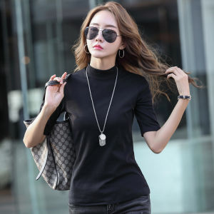 2021 New Spring and Summer Fashion Short Sleeve T-shirts for Women Blouse Cotton Slim Slimming Plain Clothing Half-high Collar Black Bottoming Shirt Womens Tops Solid Color Half Sleeve Clothes