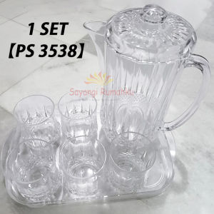 『1 SET』Acrylic Plastic Crystal Water Jug Set-PS3538/1 pc Drink Pitcher With Lid +5 pcs Drink Cup +With Tray (Brocca Set)