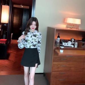 Ammin เสื้อเชิ้ตแขนยาวพิมพ์ลายใบ เสื้อเชิ้ต น้ำเกลือ สำหรับผู้หญิง สไตล์ฝรั่งเศส ตะวันตกที่สวยงาม