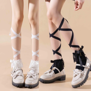 Women Sweet Ruffle Lace Bowknot Ankle Socks Japanese JK Girl Sweet Ribbon Ties Bandage Middle Tube Cotton Socks Hosiery