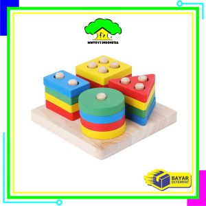 MI-M332 Puzzle Geometri Mainan Edukasi Anak Papan Susun Sortir Bentuk Rainbow / Puzzle Kayu Pilar Basic Shape Balok Susun / Wooden Toys Matching Shape Import