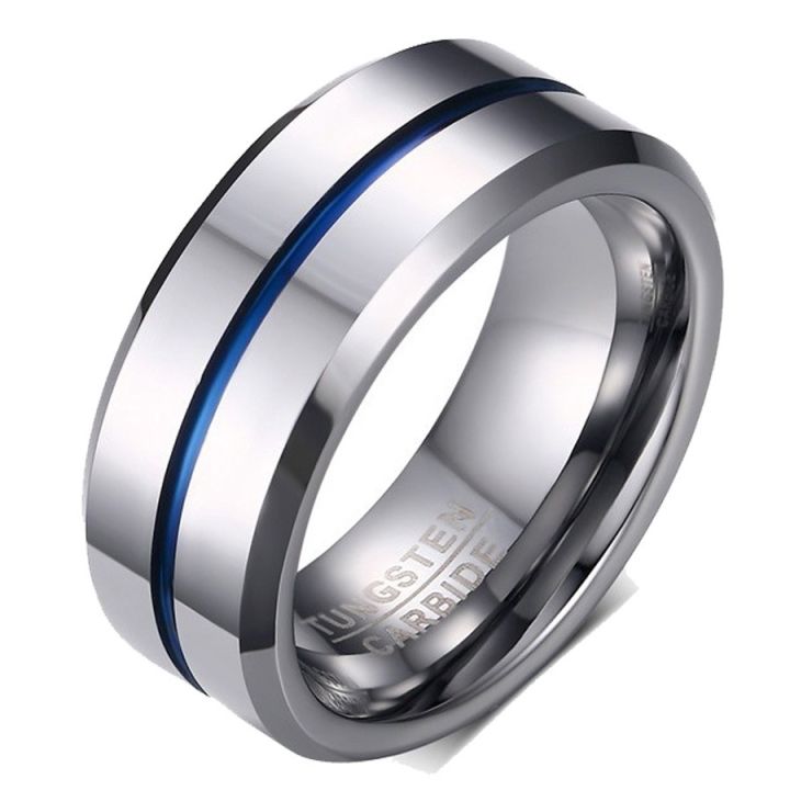 Man's Blue Line Tungsten Wedding Band 8MM Tungsten Carbide