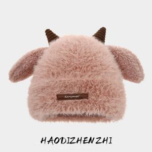 YZLong หมวกผ้านุ่มฤดูหนาวน่ารักพร้อมหูแกะและเขาสำหรับเด็กหมวกถักบีนนี่ให้ความอบอุ่นและกันลมสำหรับเด็กวัยหัดเดิน
