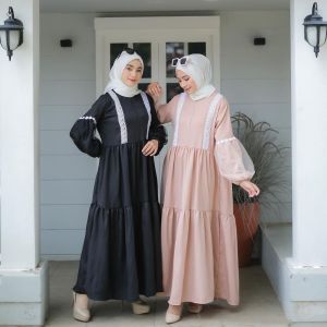Baju Gamis Lengan Brukat Kekinian Model Terbaru 2022 Dress Lengan Tile Viral Gamis Busui Dres Kondangan Variasi Lengan Balon Gamis Remaja OOTD Gamis Brukat Terbaru 2022