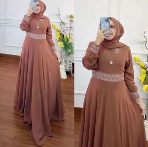Gamis Jumbo Wanita Terbaru Warna Biru Langit Mewah Nayla Maxi Set Pasmina Gamis Kondangan Simple Aksen Renda