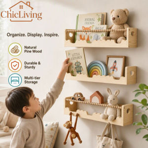 ChicLiving Wall Mounted Shelf Pine Wood Multi Tier Storage Rack Nursery Book Toy Display Rak Dinding Storage