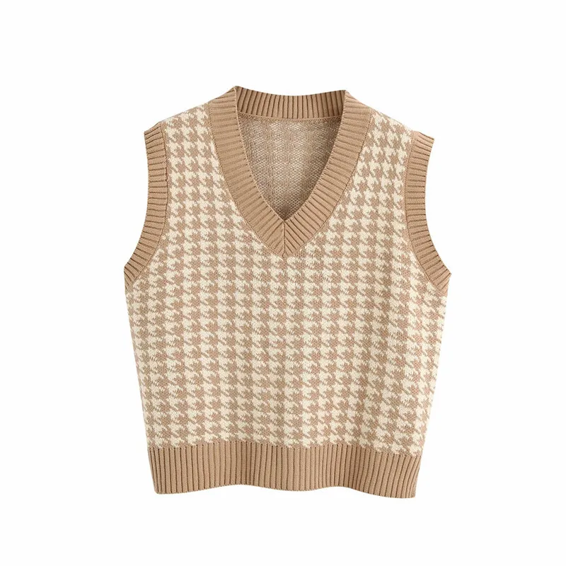 Sweater Vest Women Autumn Plaid Pattern Knitted Vest Fashion V-neck Loose  Sleeveless Knitwear Bottoming Pullover Vest For Women