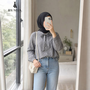 RUMIA Women Plaid Bow Tie Blouse Long Sleeve Korean Style Shirt Loose Fit Elegant Office Casual Fashion Top Grey kemeja