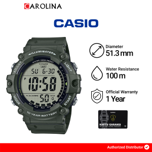 Jam Tangan Pria Casio General AE-1500WHX-3A Illuminator Digital Dial Army Green Resin Band Quartz Watch