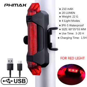 PHMAX Cycling Bike Tail Light with USB Rechargeable IPX-5 Waterproof Super Bright LED Safety Warning Light Flash