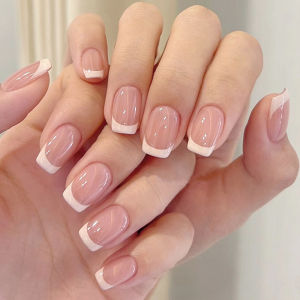 ZEEMIN 120Pcs=24*5 French Short Square Coffin False Nail White Pink Simple Wearable Fake Nails Glossy Full Cover Press on Nail Tips Art