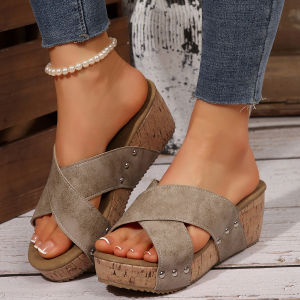 [Free Shipping] New Summer WomenS Wedge Heel Thick-Soled Slippers For Outdoor Wear Plus-Size Fish-Mouth Thick-Soled Wedge Heel Slippers