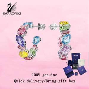 💎 Swarovski 💎 Womens fashion earrings S925 sterling silver Asymmetric design mixed cut small size multi-color crystal gemstones 5692412 Gema hoop earrings Valentines Day gift Birthday gift