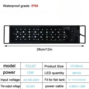 IP68 Waterproof Aquarium LED Light Full Spectrum Fish Tank Lighting with Aquatic Plant Growth Lamp 24/7 and 100V-240V 30-60cm.