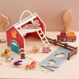 Educational Interactive Take-along Threading Shape Sorters Portable Wooden Animal Farm Barn Pretend Play
