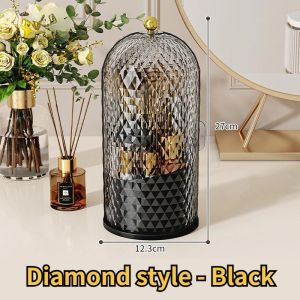 Diamond Birdcage Makeup Brush Holder with Lid 360 Rotating Clear Dustproof Makeup Brushes Organizer for Vanity Lipstick Holder