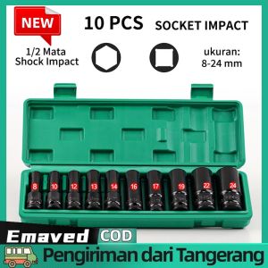 Kunci Sok Impact 1/2 Inch 6Pt 10pcs Socket Impact Panjang 8-24mm Bahan Cr-V Impact Socket 10pcs