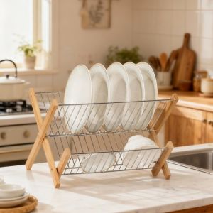 WILLUCK Tre Giá để bát đĩa có thể gấp gọn Có thể gấp lại Tiết kiệm không gian Giá để đồ bằng tre Nhiều lớp Giá đựng bát đĩa Dành cho nhà bếp