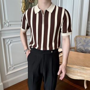 Meason Mens Ice Silk Polo Shirt Korean striped zipper  Zipper short T-shirt㏇X0417