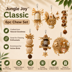 Bird Toy | Parrot Toy Set with Applewood Perch | Rainbow Fiesta Play & Perch 8pc | Chew Forage Toys for Lovebird Cockatiel
