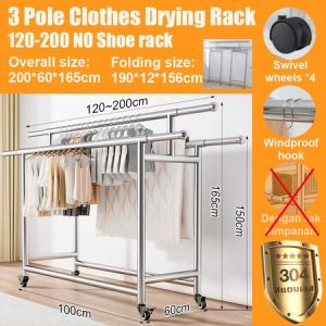 Stainless Steel 3 pole Clothes Hanger Drying Rack Rak Baju Besi | Boleh Lipat for Home / Outdoor Use Triple Rods with Wheels Thickened heavy duty portable