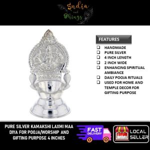 Pure Silver Kamakshi Laxmi Maa Diya 4 Inch Traditional Pooja Lamp for Worship Home Temple Decor and Gifting 925 Purity