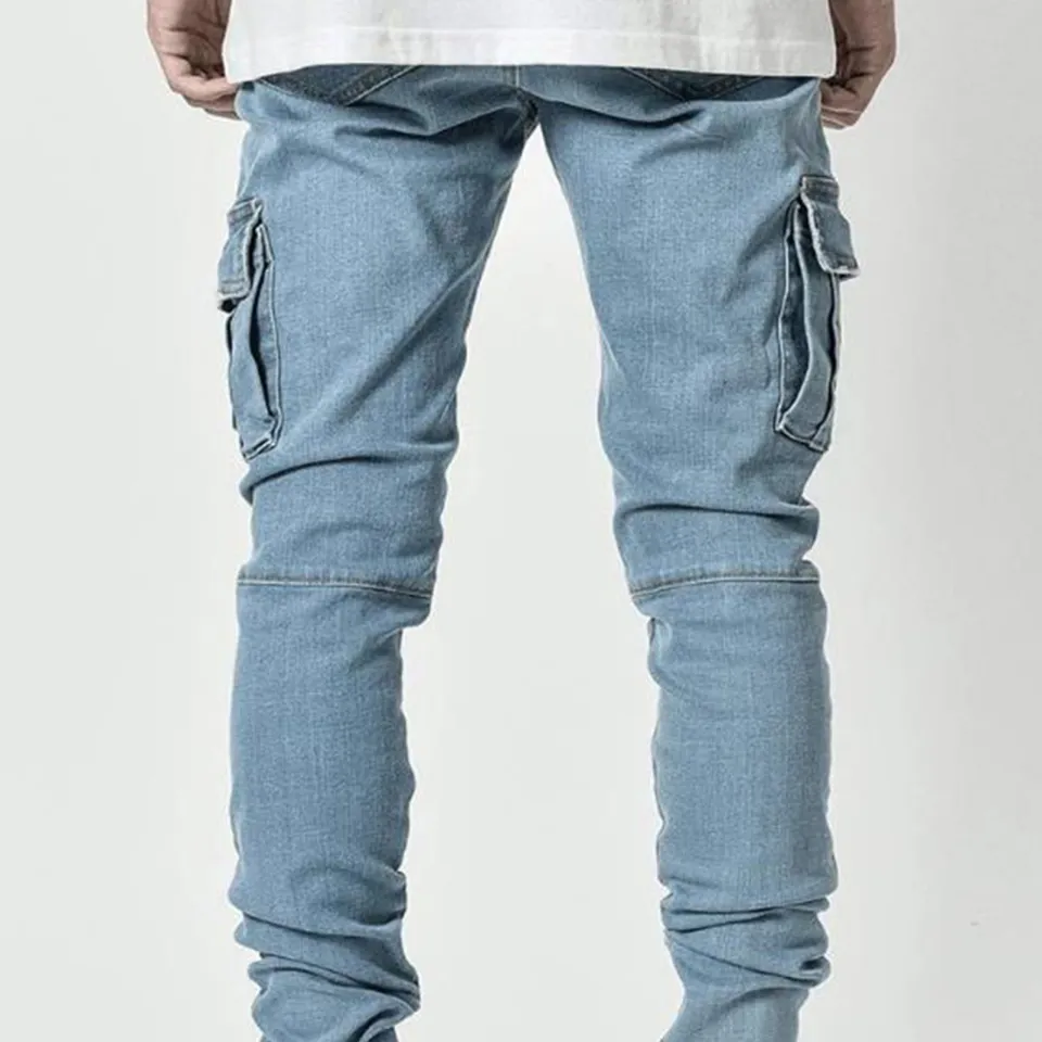 zhuiyi® Multi Pockets Men Jeans Solid Color Denim Mid Waist Stretchy Skinny  Jeans Trousers