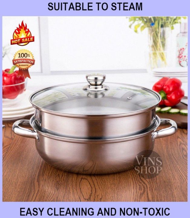 2 Tier Large Steamer Pot SET Double Layer Stainless Steel Steamboat