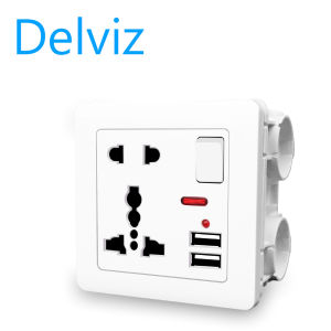 Delviz(international brand)(UK/EU/US socket) universal wall power socket 13A with switch control USB socket intelligent quick charging 5V-2.1A.5-hole panel 86mm*86mm with socket mounting box.USB Wall Socket Switch AC / DC Charger Plug Power Adapter