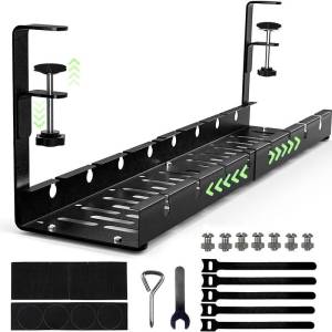 Adjustable No-Drill Under Desk Cable Management Tray Durable Steel Retractable Carbon Steel Wire Organizer Office Storage Box with Clips for Cord Organization Desk Accessories Organizers Storage