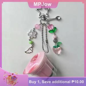 【MPJow】 1 Piece Love Shaped Japanese Pudding Keychain Pink Yellow Egg Flan Charm Y2K Retro Aesthetic Beaded Accessory