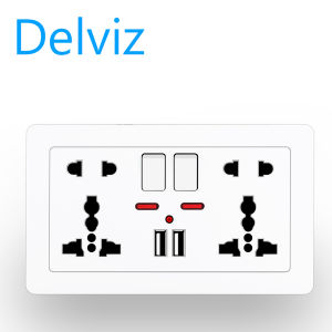 Ổ cắm điện đôi 5 lỗ đa năng màu vàng/trắng/xám tích hợp cổng sạc USB có đèn LED 2.1A kích thước 146mm * 86mm Delviz - INTL