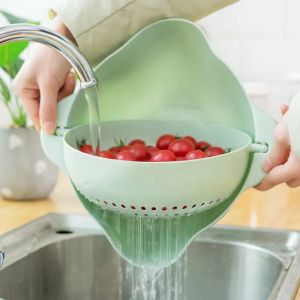Plastic Double Hollowed Vegetable Fruit Basin with Handle
