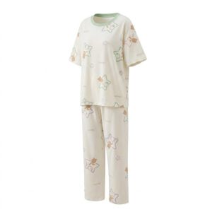 Womens summer pajamas short-sleeved long pants round neck loose fit skin-friendly