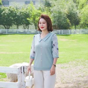 Summer Mid Sleeve T-Shirt Fashionable WomenS Western-Style Thin Cut Spliced Bottom Top
