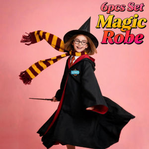 6PCS Wizard Costume For Kids Robe Cloak Magic Robe Costume for kids Wizard Robe Dress Halloween Cosplay