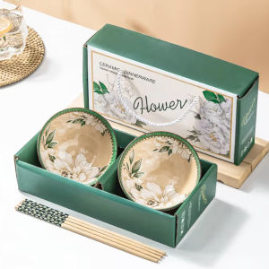 AD888.shop ชุดถ้วยเซรามิค พร้อมเซตตะเกียบ ของขวัญ ชามเซรามิค 2ใบ เป็นกล่องเซตสวยงาม พร้อมส่ง