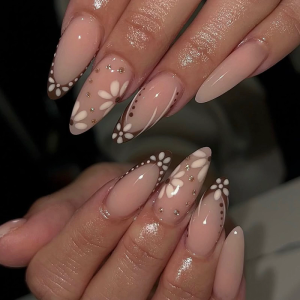 Faux Nail Autumn Gleaming Flower Teardrop Print Medium Length Press On Nail 24Pieces Artificial Fingernails