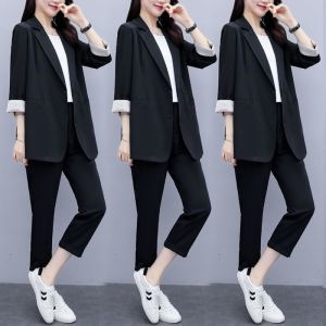 Niceaay 2023 Small Blazer Jacket plus Size Korean Style Loose Fitting Casual Plain Blazer Pants Two Piece Set For Women