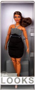 Barbie Looks Doll Collectible & Posable with Wavy Brown Hair & Curvy Body Type Silvery & Black Halter Dress HBX95