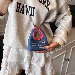 QTWIX แบบพกพา กระเป๋าโซ่ยีนส์คิตตี้ ใช้งานได้สองทาง การ์ตูน กระเป๋าสะพายไหล่ KT Cat น้ำเงิน โพลีเอสเตอร์ กระเป๋าถือขนาดเล็ก ผู้หญิง