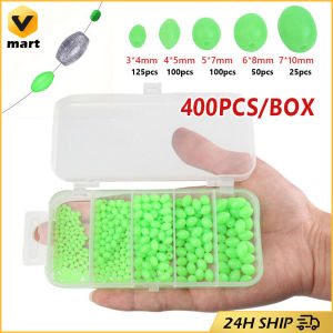 400pcs Oval Soft Rubber Glowing Luminous Fishing Beads Sink Treble Hook Beads Bait Olive Beads Fluorescent Night Light Plastic Bait Bead Set with Anti-collision Beads and Protective Beads